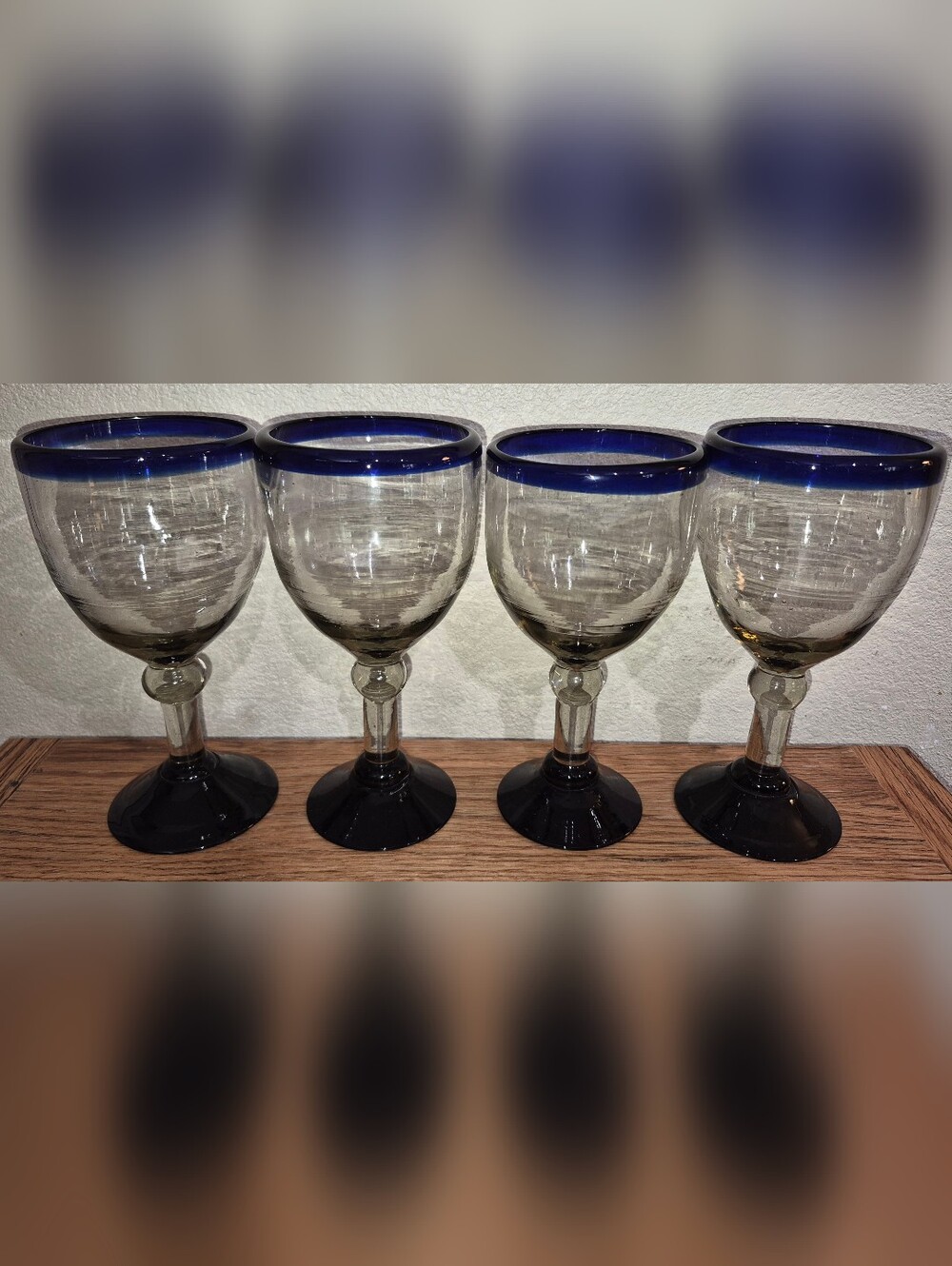 4 Vintage Hand-Blown Mexican Wine glasses featuring Cobalt Blue rims and Bases